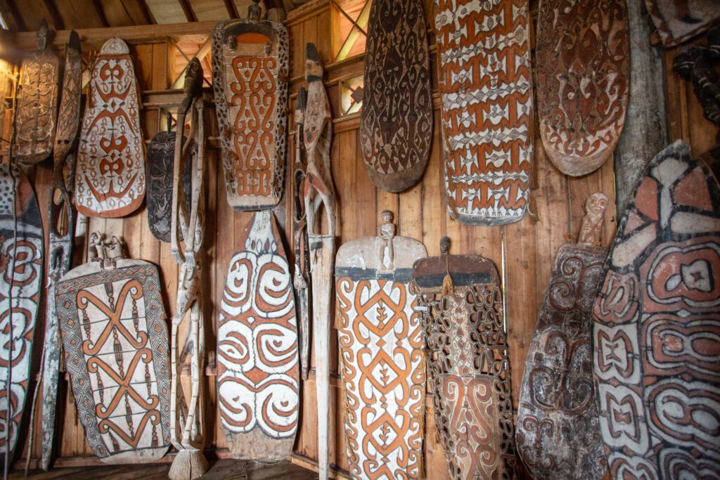 The collection features more than 100 large pieces - shown here: a selection of Asmat shields